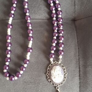 Sophisticated Purple and White Cameo Silver Rosary Catholic Religious